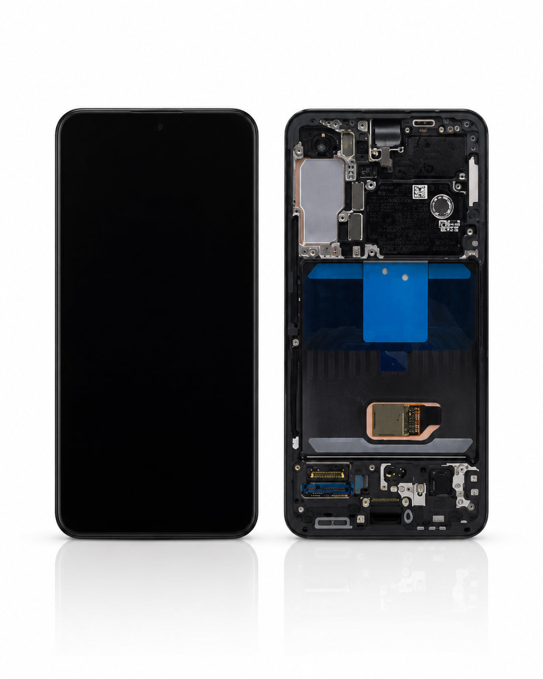 A smartphone shown front and back with the rear panel removed, revealing internal components. The front view shows a black screen, and the back view shows the black frame, camera area, blue protective film, and internal hardware against a clean white background.