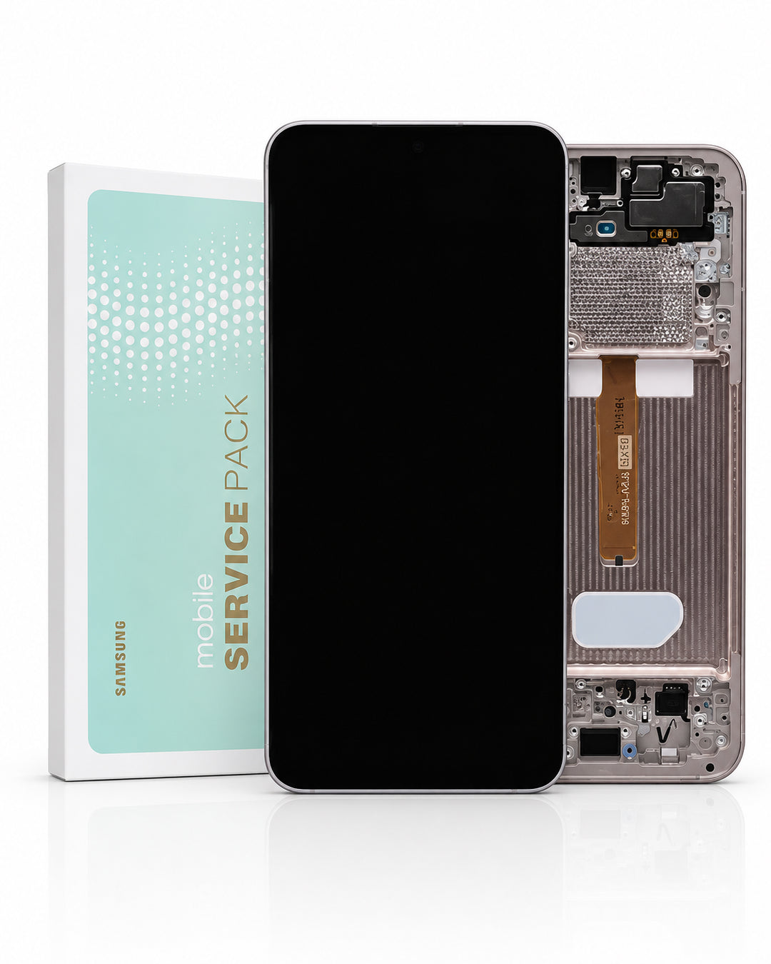 Samsung mobile service pack showing a replacement front screen and back glass assembly with internal components, next to its packaging box.