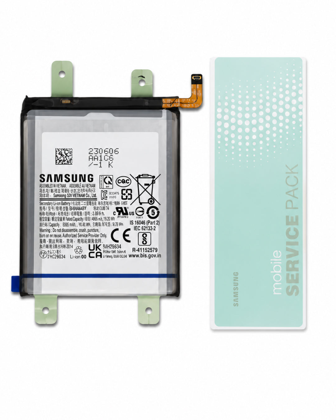 Samsung smartphone replacement Li-ion battery with adhesive pull tabs and flex connectors, isolated on a clean white background.