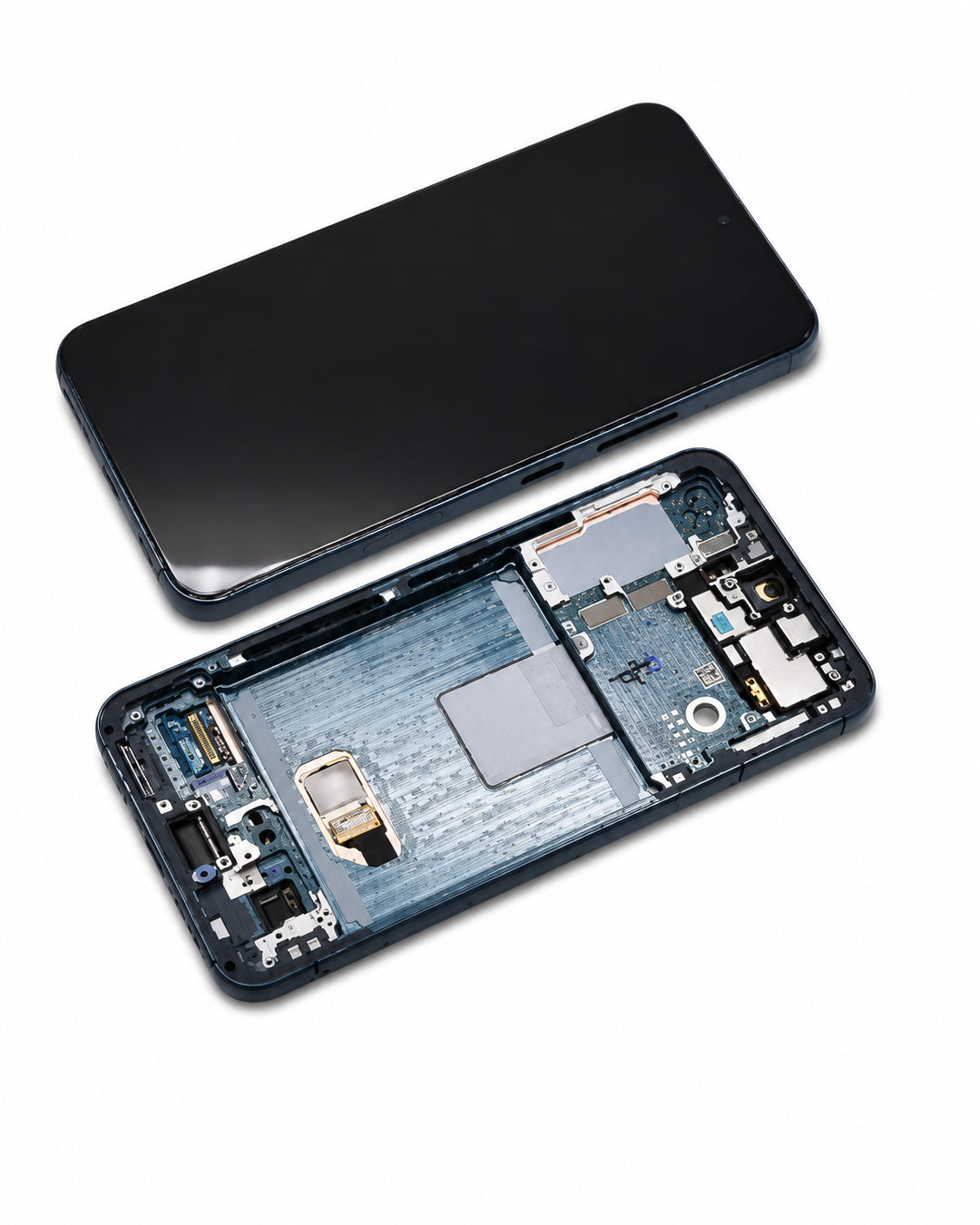 A smartphone shown disassembled on a white background, with the black front cover placed above and the open internal assembly below, revealing the screen, motherboard, and other components.
