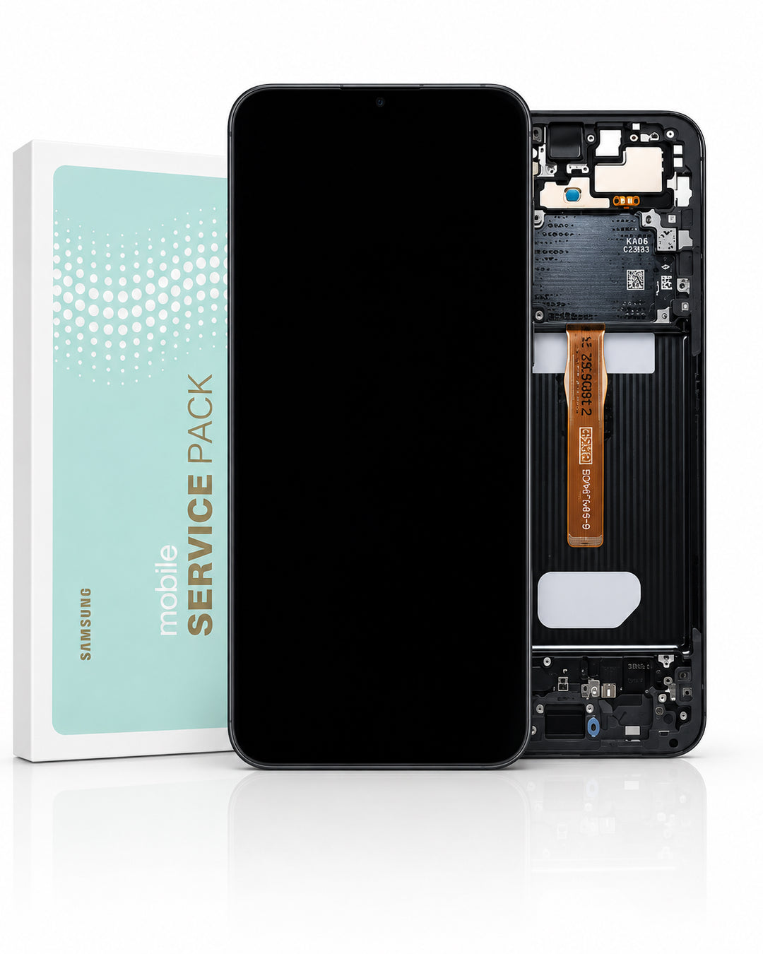 Samsung mobile service pack showing a replacement smartphone front glass screen panel alongside the opened back panel with internal components, next to its light blue and white packaging box.