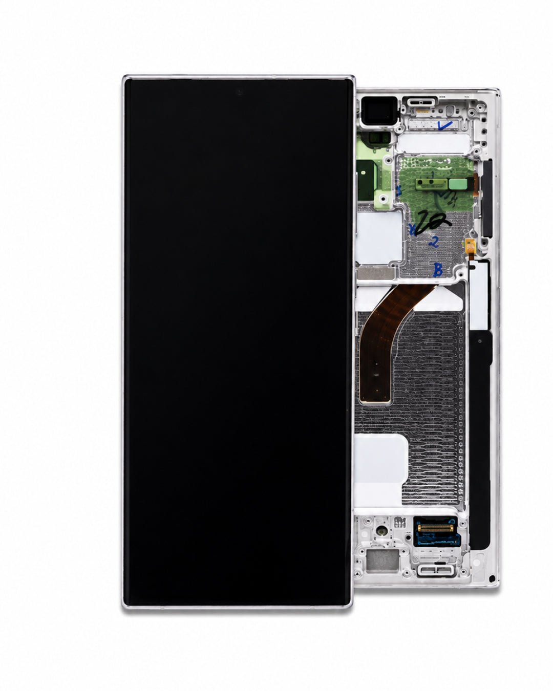 A replacement smartphone display screen and frame assembly, shown with the front black screen panel on the left and the white internal frame with circuit boards on the right, isolated on a white background.