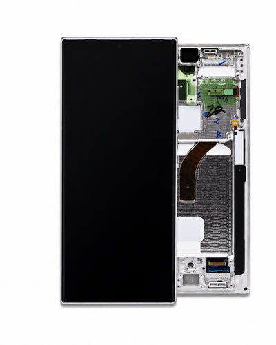 A replacement smartphone display screen and frame assembly, shown with the front black screen panel on the left and the white internal frame with circuit boards on the right, isolated on a white background.