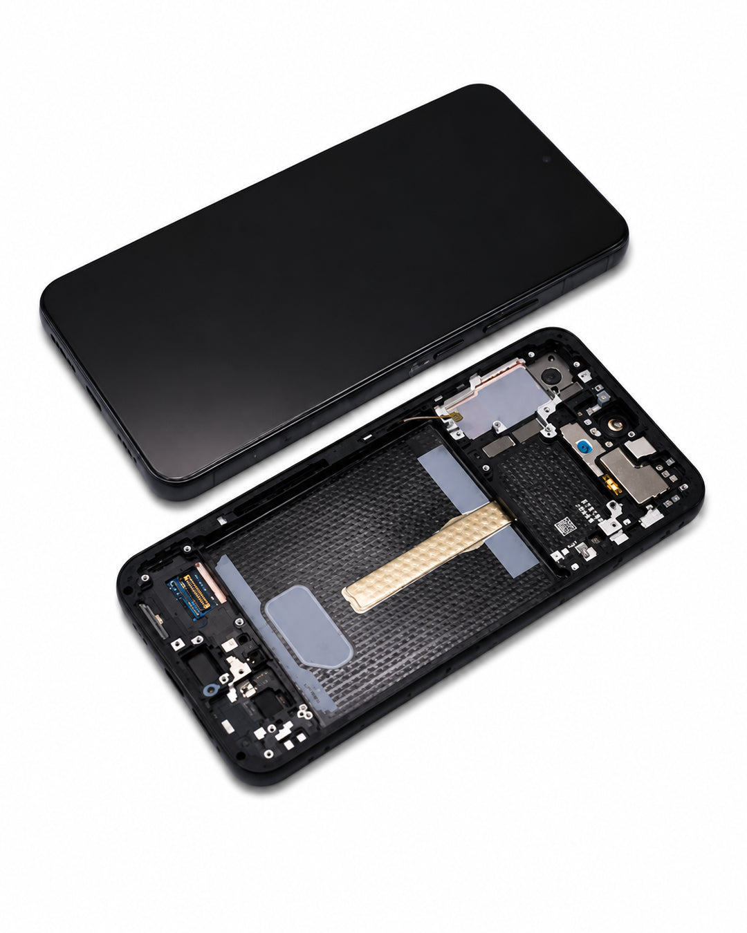 A black smartphone shown disassembled, with the front cover placed above and the internal back panel below on a clean white background.