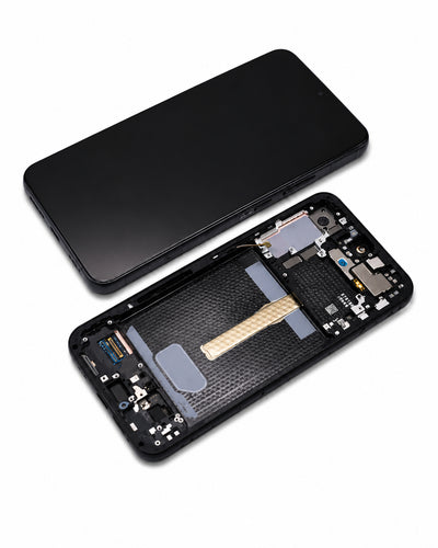 A black smartphone shown disassembled, with the front cover placed above and the internal back panel below on a clean white background.