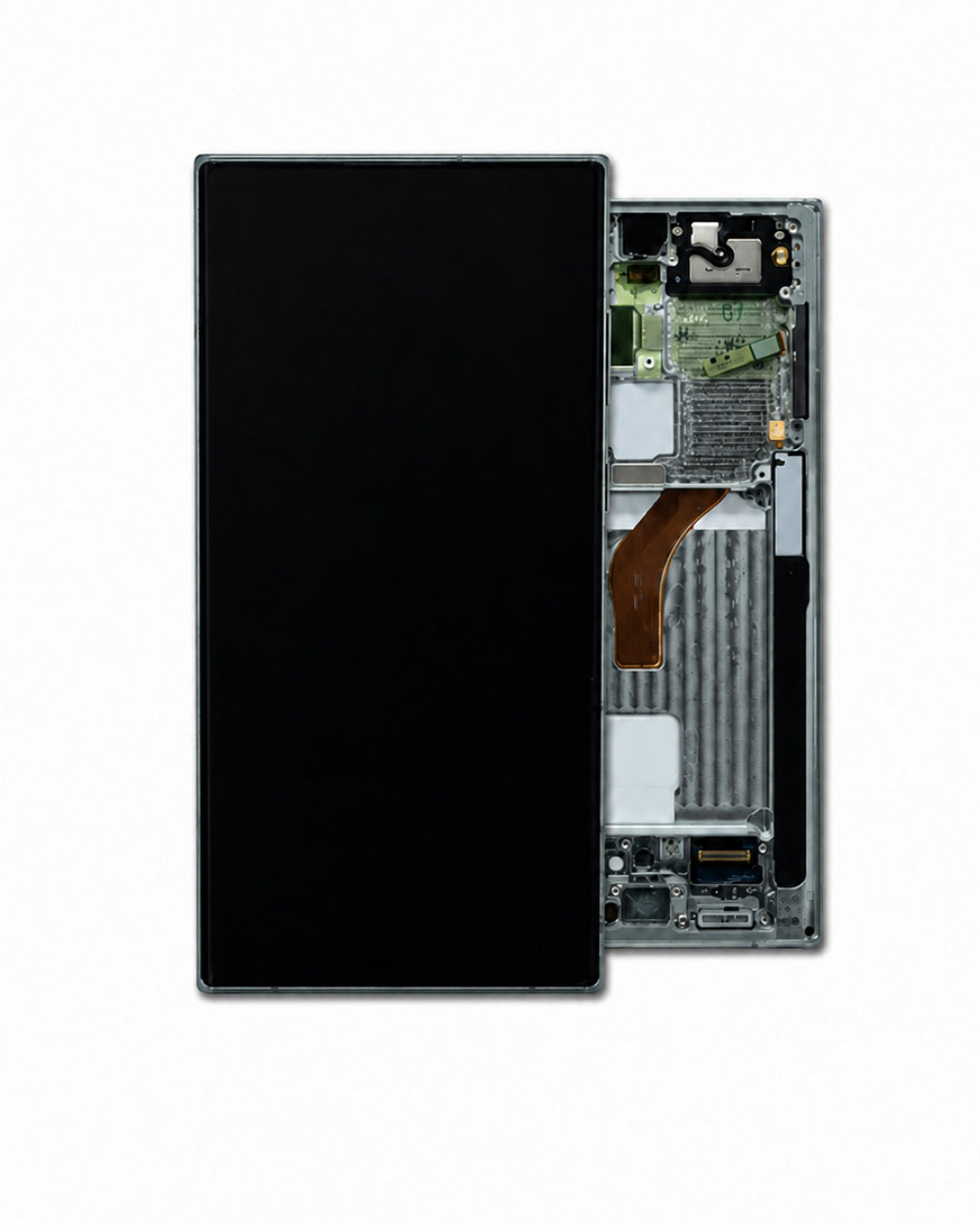 A replacement smartphone display screen and frame assembly, shown with the black front panel on the left and the exposed internal circuitry and metal frame on the right, isolated on a white background.
