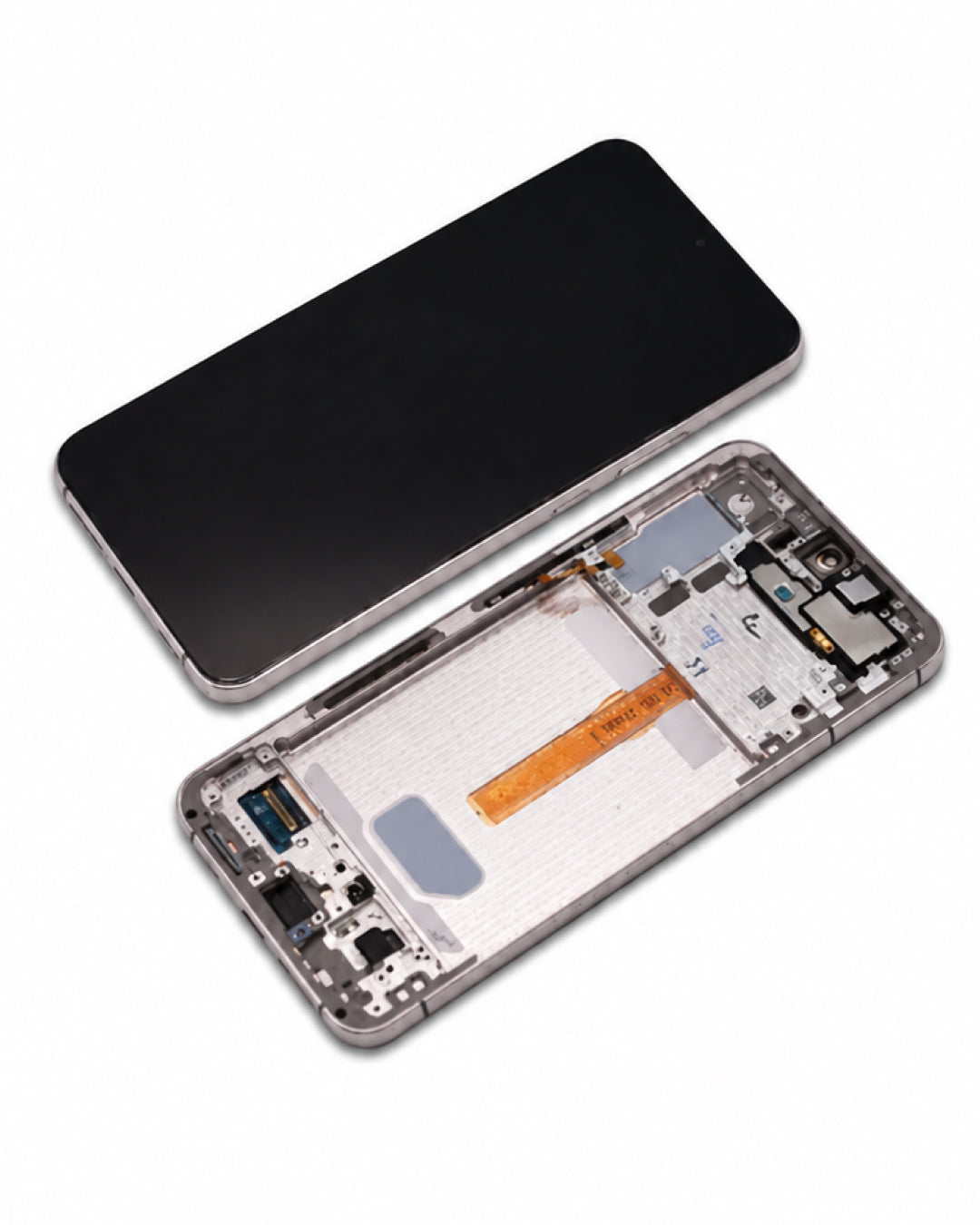 A replacement smartphone screen assembly shown disassembled, with the black front glass panel on top and the internal silver and orange-colored circuitry housing below, photographed on a clean white background.