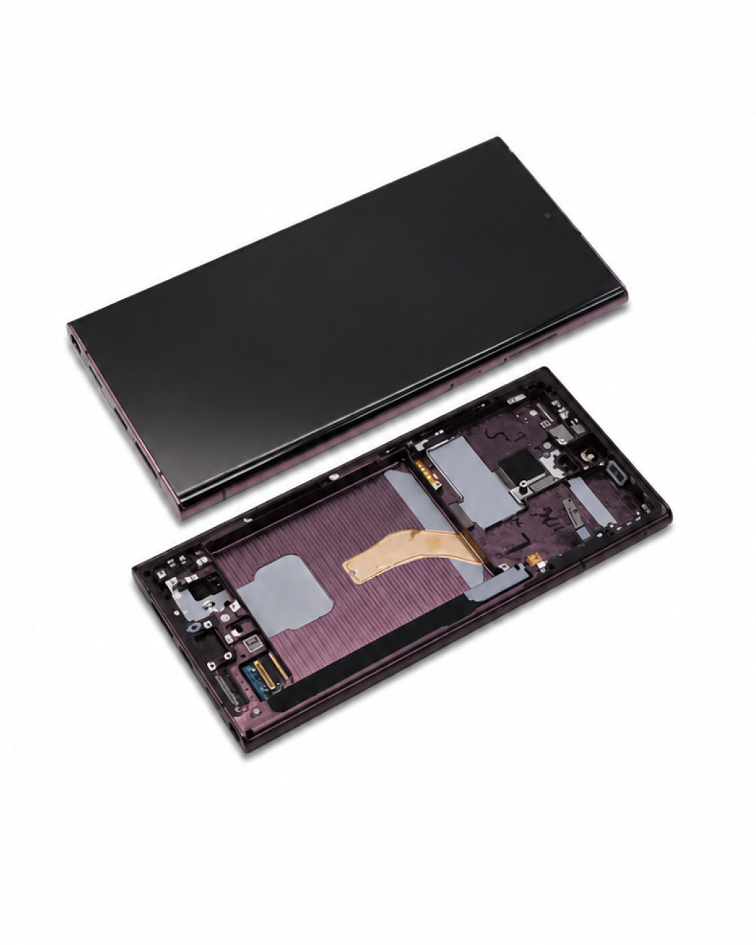 A smartphone shown disassembled on a white background, with the black outer screen panel placed above the exposed internal frame and motherboard.