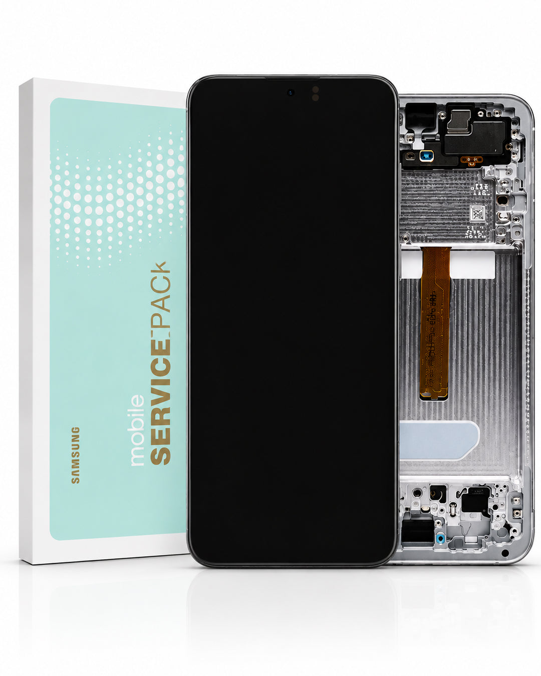 Samsung mobile service pack showing a replacement front screen and display assembly alongside its packaging box, with the phone chassis exposed to show the internal components.