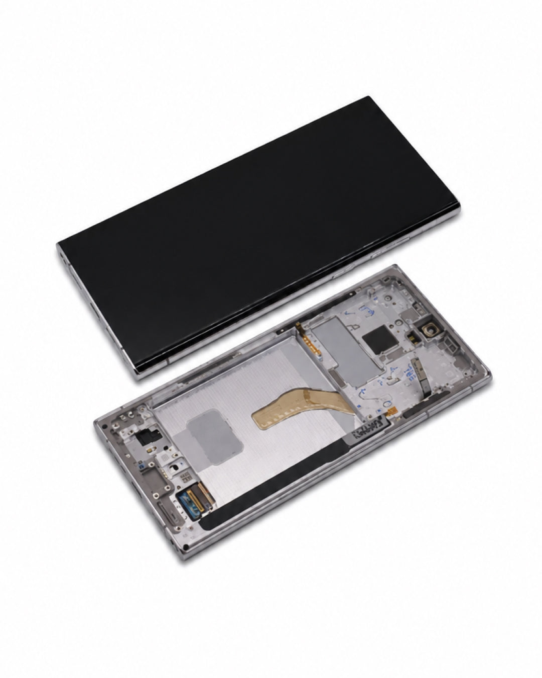 A disassembled smartphone shown on a white background, with the black front panel placed above the exposed internal components and transparent lower housing.