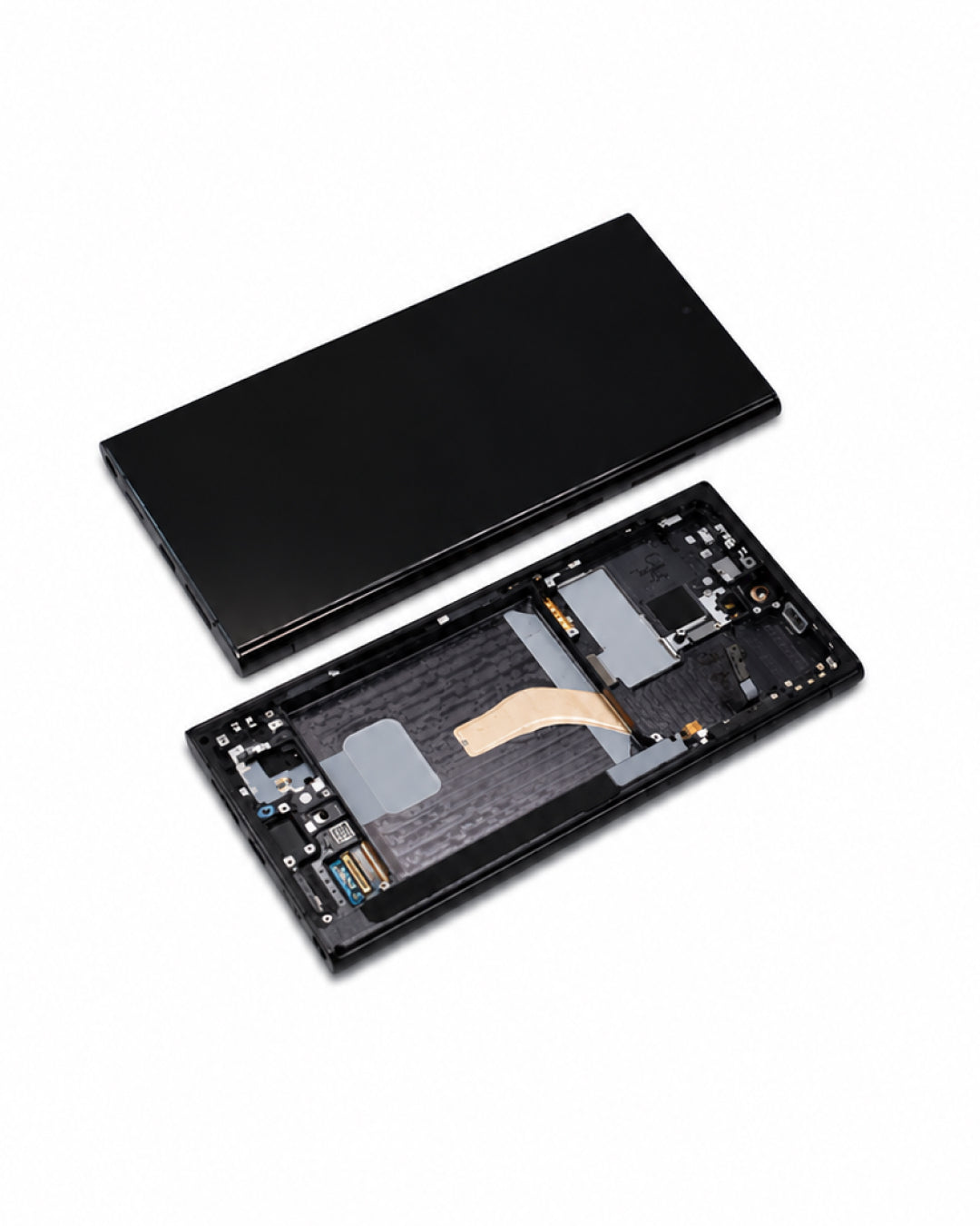 A black smartphone or electronic device shown disassembled on a clean white background, with the outer cover placed above and the internal chassis below.