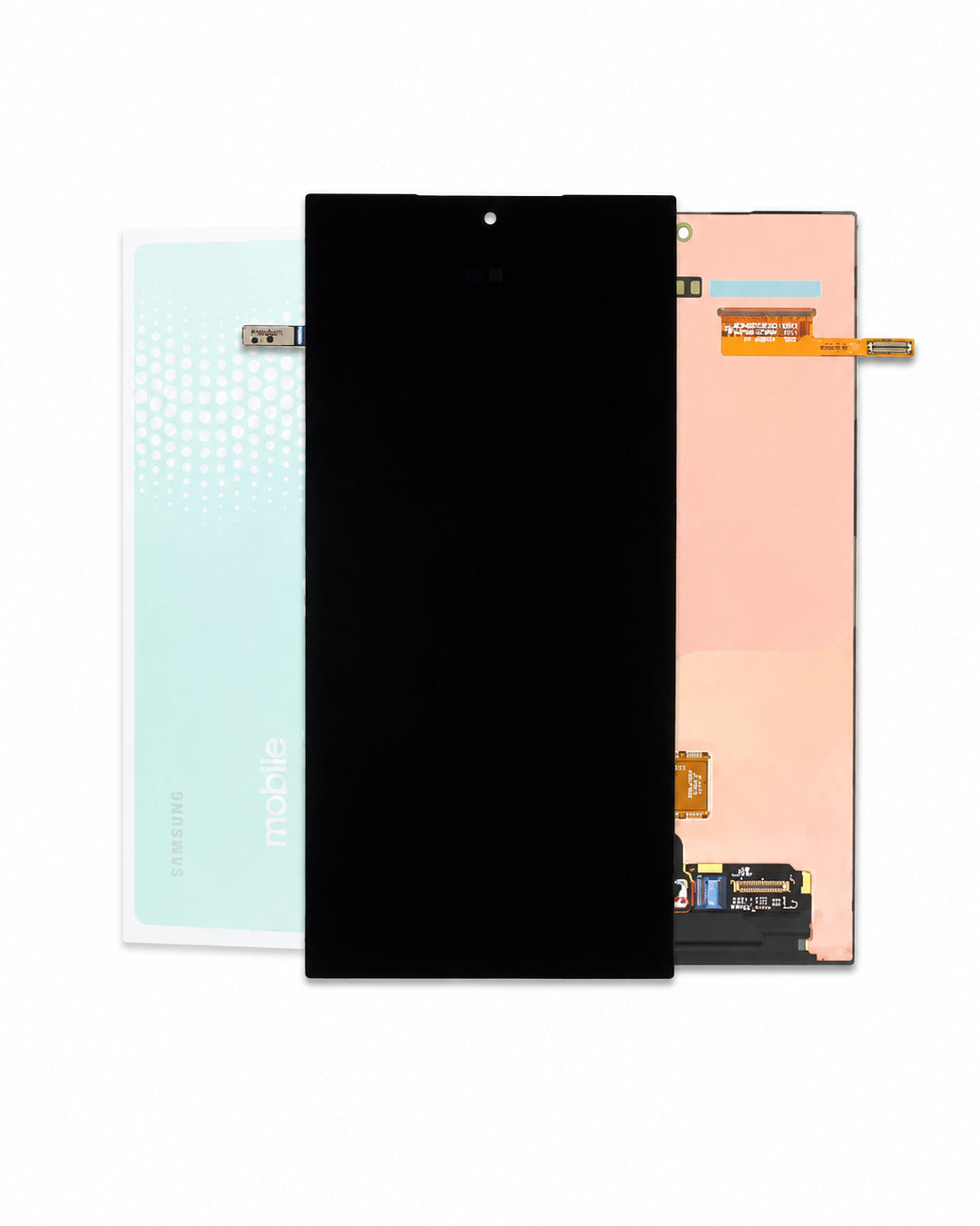 A replacement smartphone LCD screen digitizer assembly, shown with the black front panel in the center, flanked by the light blue back glass and the peach-colored inner circuit board with flex cables.