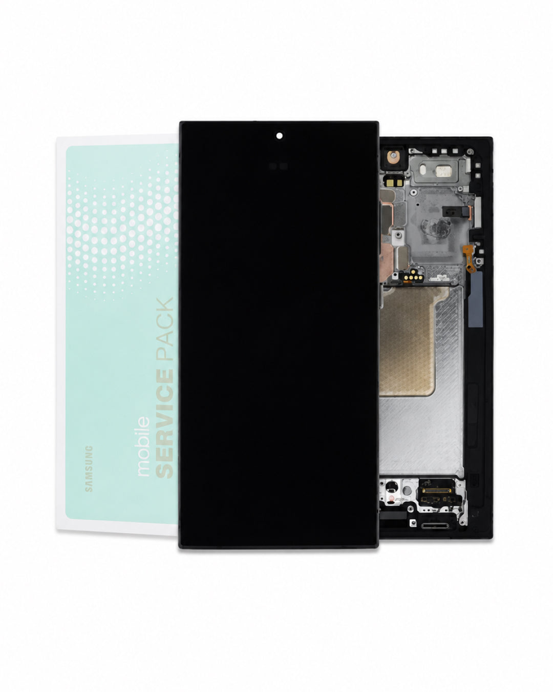 A replacement smartphone front screen and frame assembly shown alongside its packaging. The black front display panel is centered, with the exposed internal frame and circuitry visible to the right, and a light blue package insert labeled 'mobile service pack' and 'SAMSUNG' on the left, all on a white background.