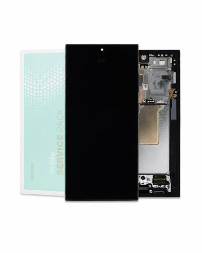 A replacement smartphone front screen and frame assembly shown alongside its packaging. The black front display panel is centered, with the exposed internal frame and circuitry visible to the right, and a light blue package insert labeled 'mobile service pack' and 'SAMSUNG' on the left, all on a white background.