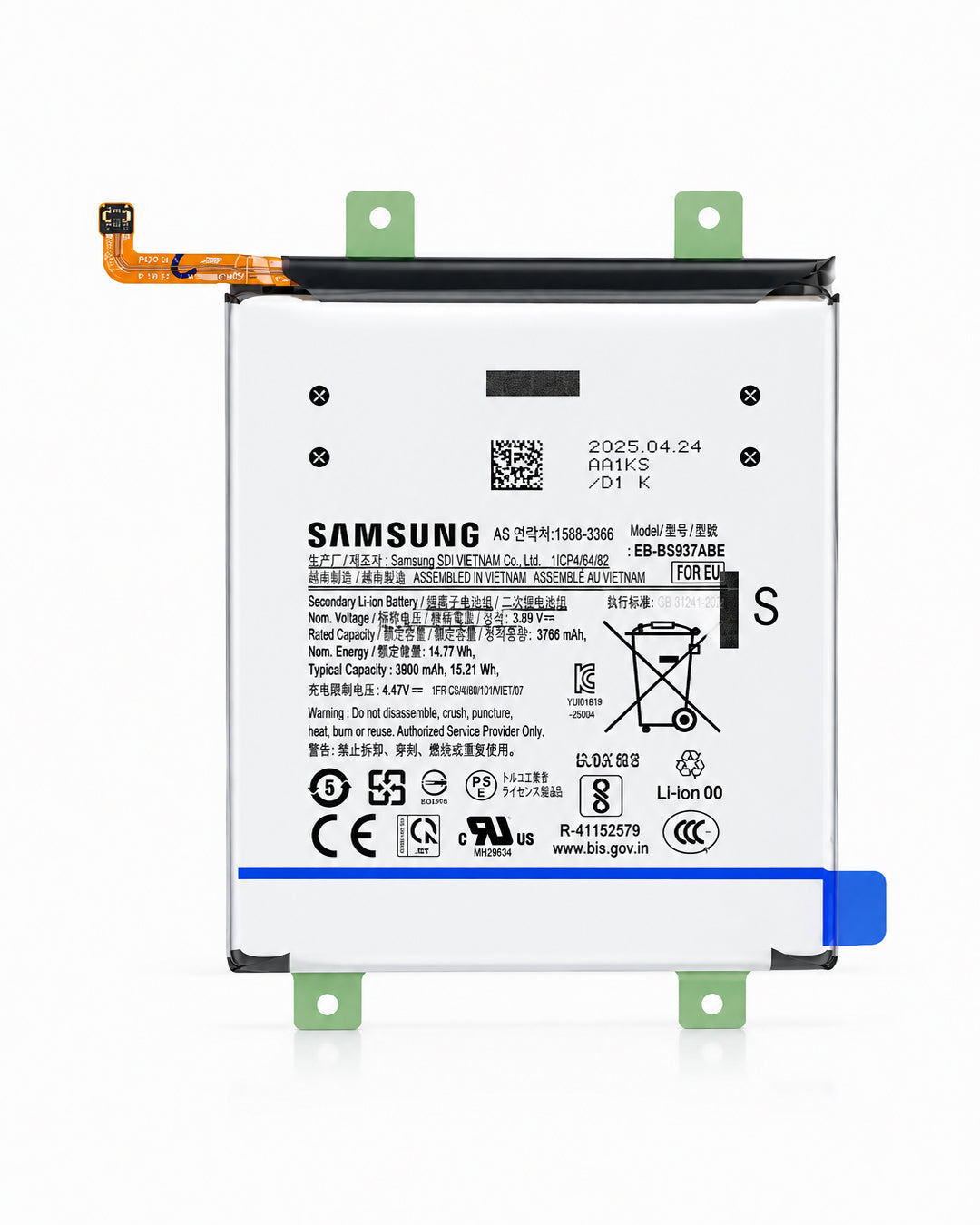 A Samsung replacement lithium-ion battery with a white casing, detailed technical specifications printed on the front, and green terminal brackets on the sides, shown on a white background with a blue reflection strip.
