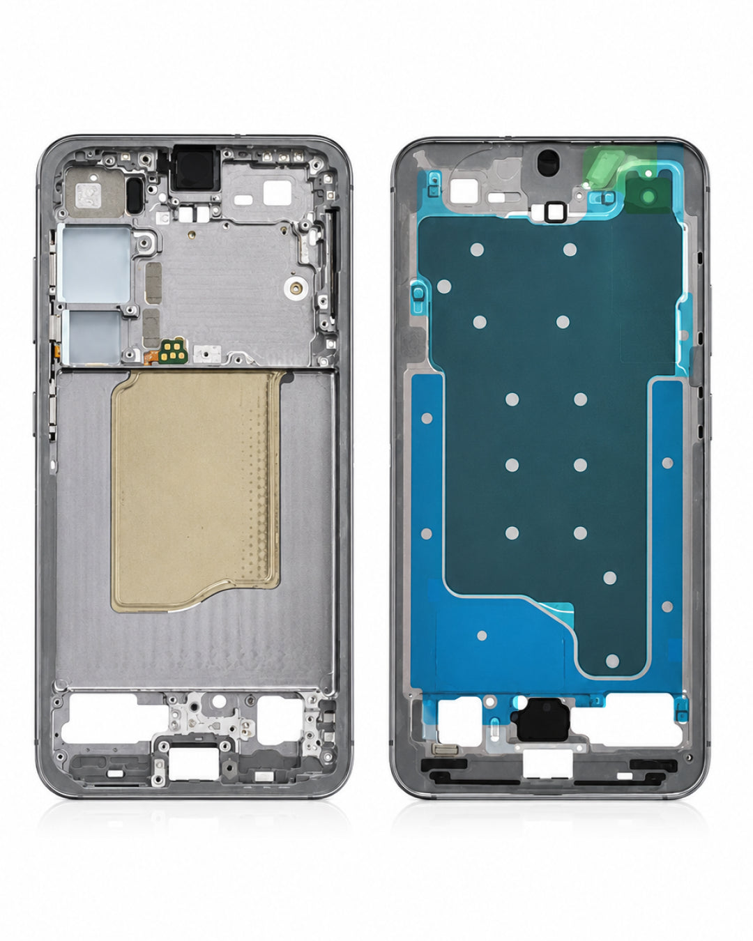 A disassembled smartphone front and back glass housing assembly, showing the internal components, metallic frame, and protective film residues on a white background.