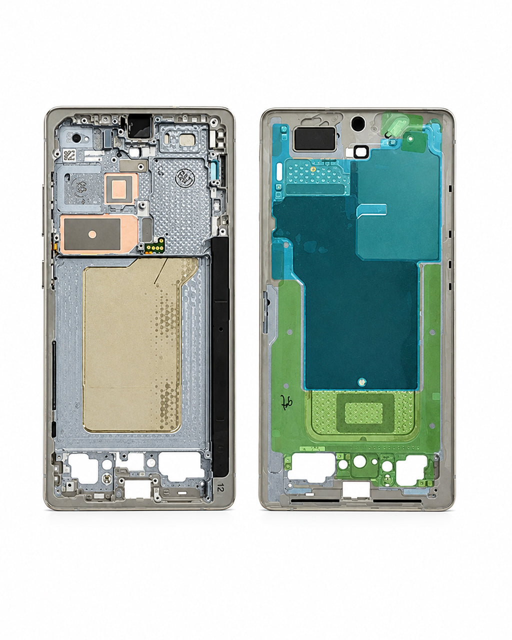 A replacement smartphone front and back assembly set, showing the silver metallic outer frame on the left and the inner back plate with green and blue protective film on the right, against a white background.