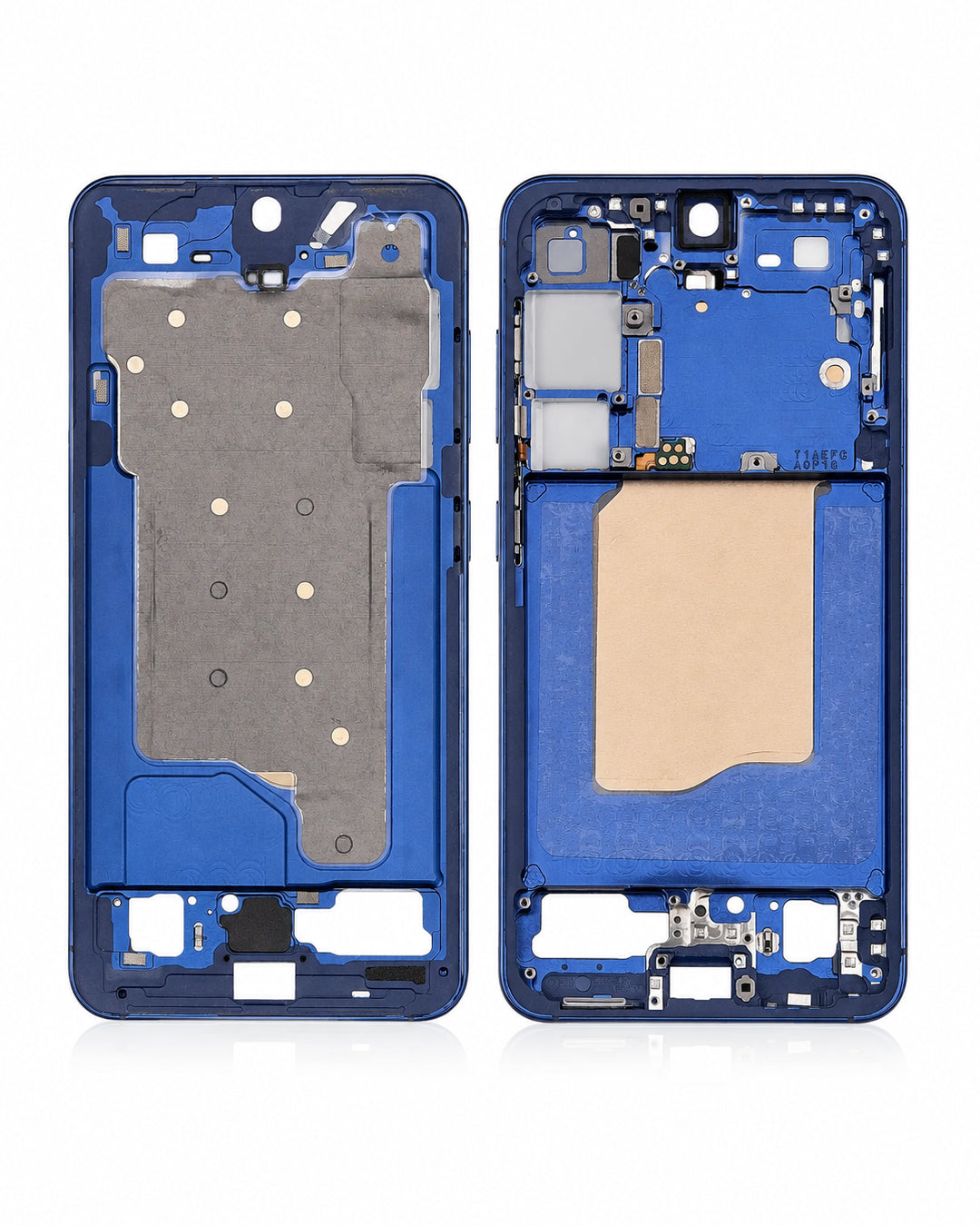 A blue replacement phone battery frame shown from both front and back views, displaying internal components, gold contact pads, and a beige protective film on a white background.