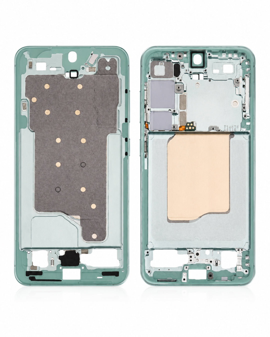 A replacement smartphone front and back glass display assembly in a mint green color, shown on a clean white background.