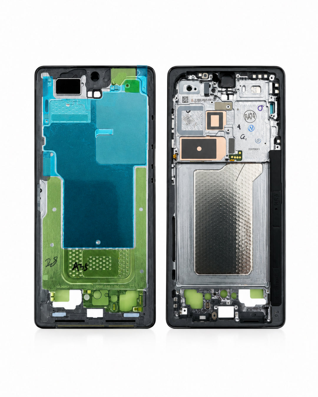 A disassembled smartphone shown from both front and back, revealing internal components, battery, flex cable, and protective layers on a clean white background.