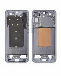 A replacement smartphone front and back glass display assembly, shown side-by-side on a white background. The left side shows the front face with cutouts and adhesive pads, while the right side shows the back with the battery and internal components visible.