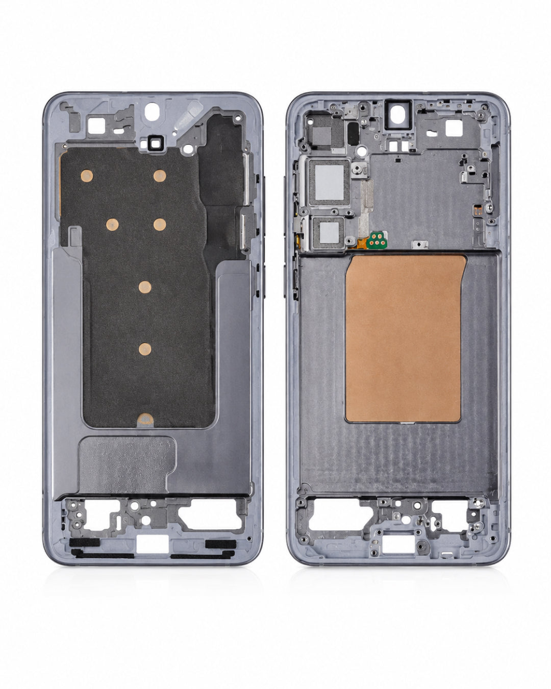 A replacement smartphone front and back glass display assembly, shown side-by-side on a white background. The left side shows the front face with cutouts and adhesive pads, while the right side shows the back with the battery and internal components visible.