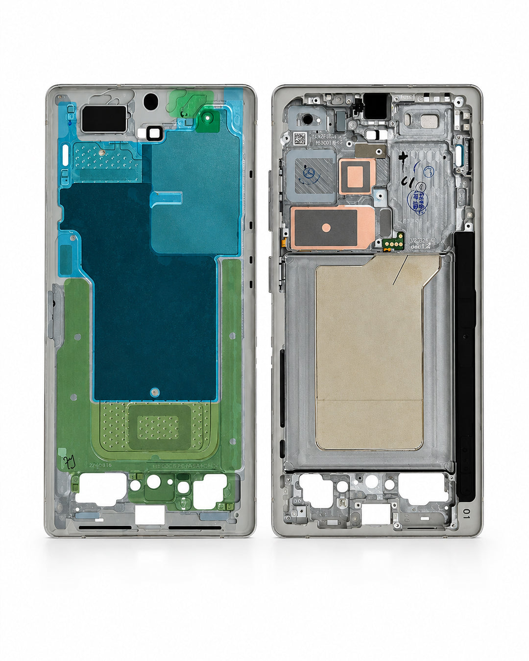 A disassembled smartphone front and back glass and metal frame assembly, showing the outer back panel with colorful protective film and the inner front frame with internal components, on a white background.
