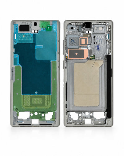 A disassembled smartphone front and back glass and metal frame assembly, showing the outer back panel with colorful protective film and the inner front frame with internal components, on a white background.