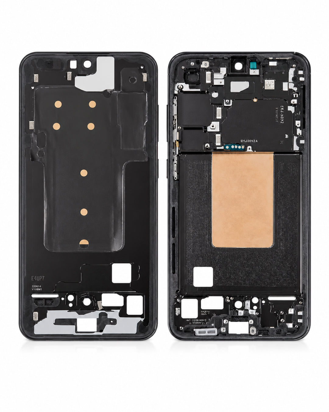 A replacement smartphone front and back glass frame assembly, shown side-by-side on a white background. The left side shows the outer black frame with cutouts, and the right side shows the inner black frame with the beige protective film still partially covering the battery area.