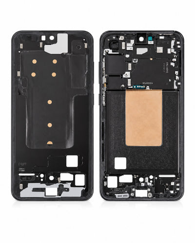 A replacement smartphone front and back glass frame assembly, shown side-by-side on a white background. The left side shows the outer black frame with cutouts, and the right side shows the inner black frame with the beige protective film still partially covering the battery area.