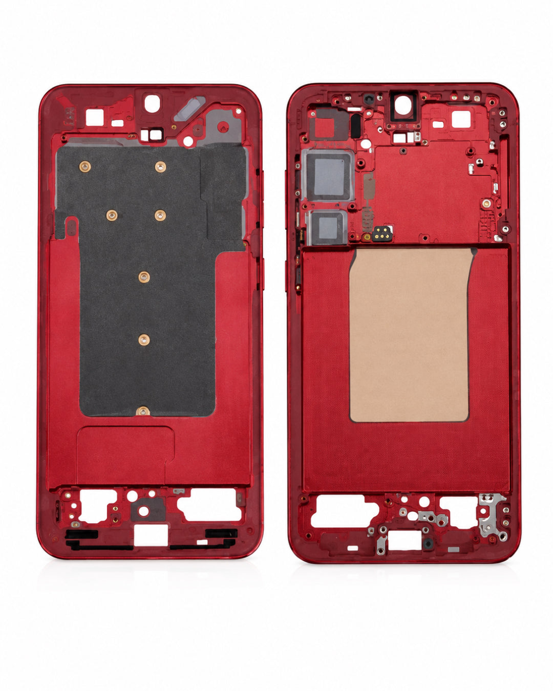 A red replacement smartphone front and back glass faceplate assembly, displayed side-by-side on a white background.