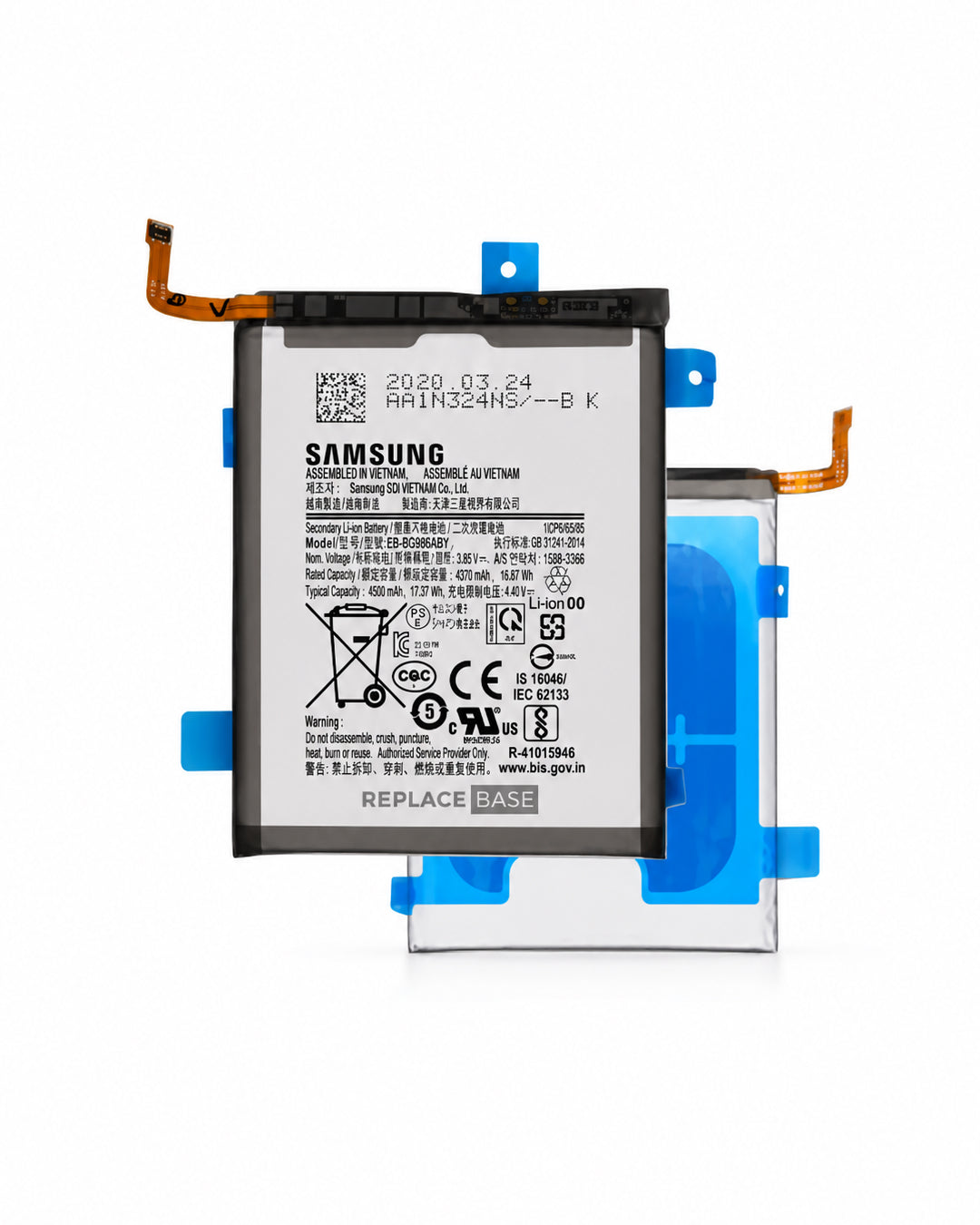 A Samsung replacement battery for a smartphone, shown from the back with its black label, blue mounting clips, and orange flex cables on a white background.