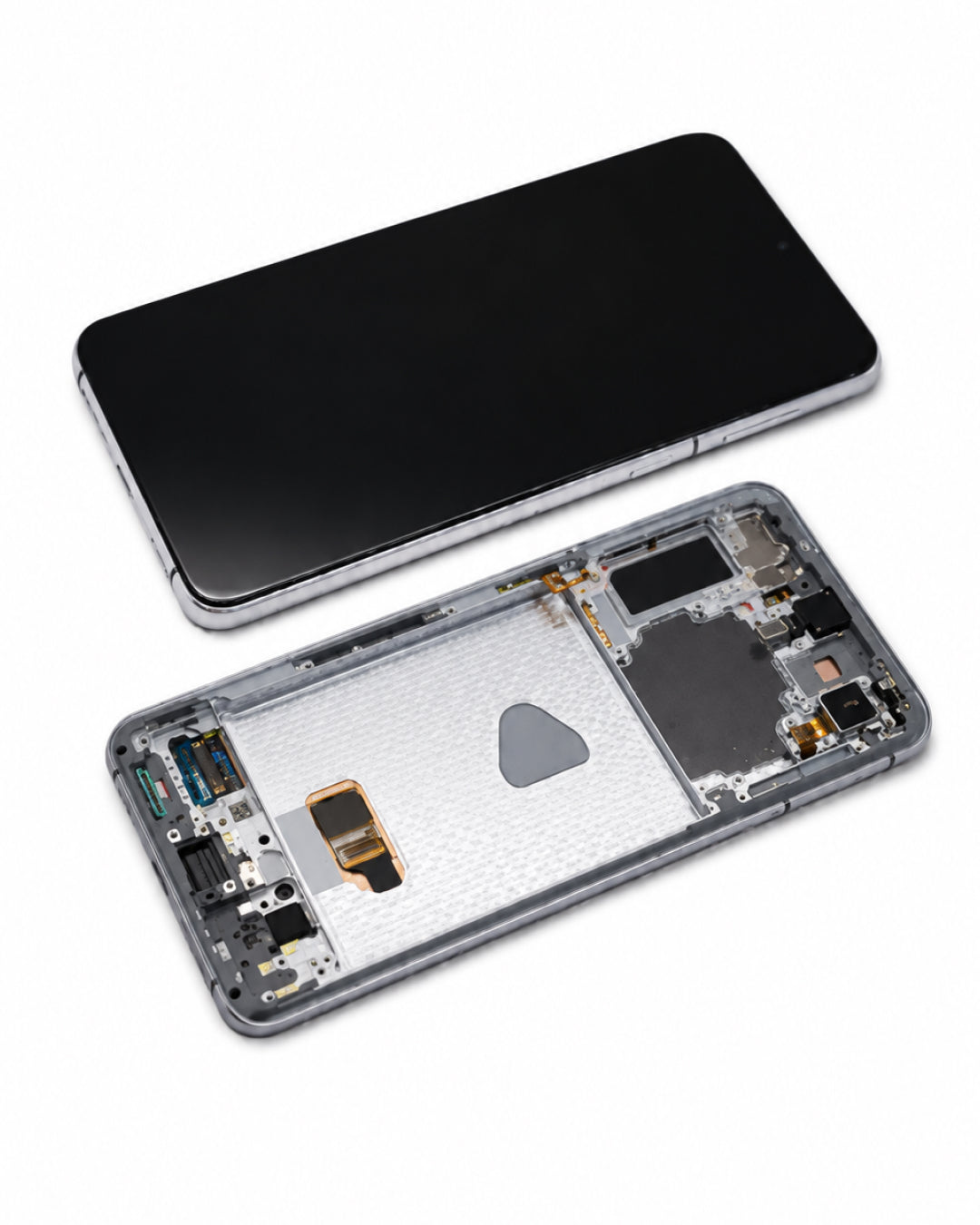 A smartphone shown disassembled on a white background, with the black front screen above and the exposed internal components and back shell below.