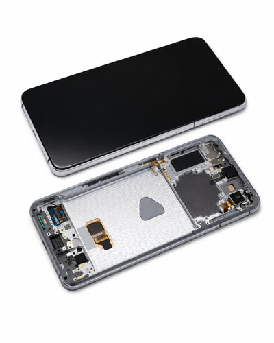 A smartphone shown disassembled on a white background, with the black front screen above and the exposed internal components and back shell below.