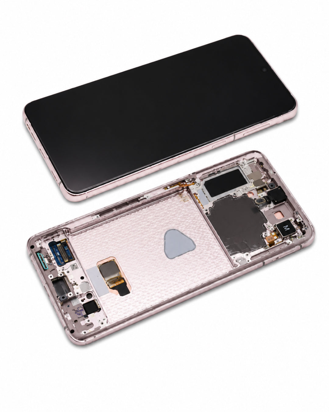 A disassembled smartphone shown on a white background, with the front screen panel above and the internal chassis below revealing the battery compartment, connectors, and components.