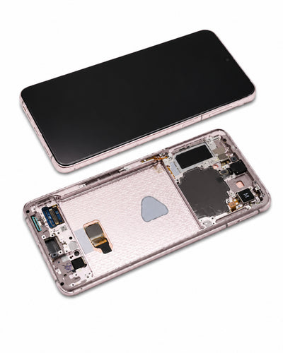A disassembled smartphone shown on a white background, with the front screen panel above and the internal chassis below revealing the battery compartment, connectors, and components.