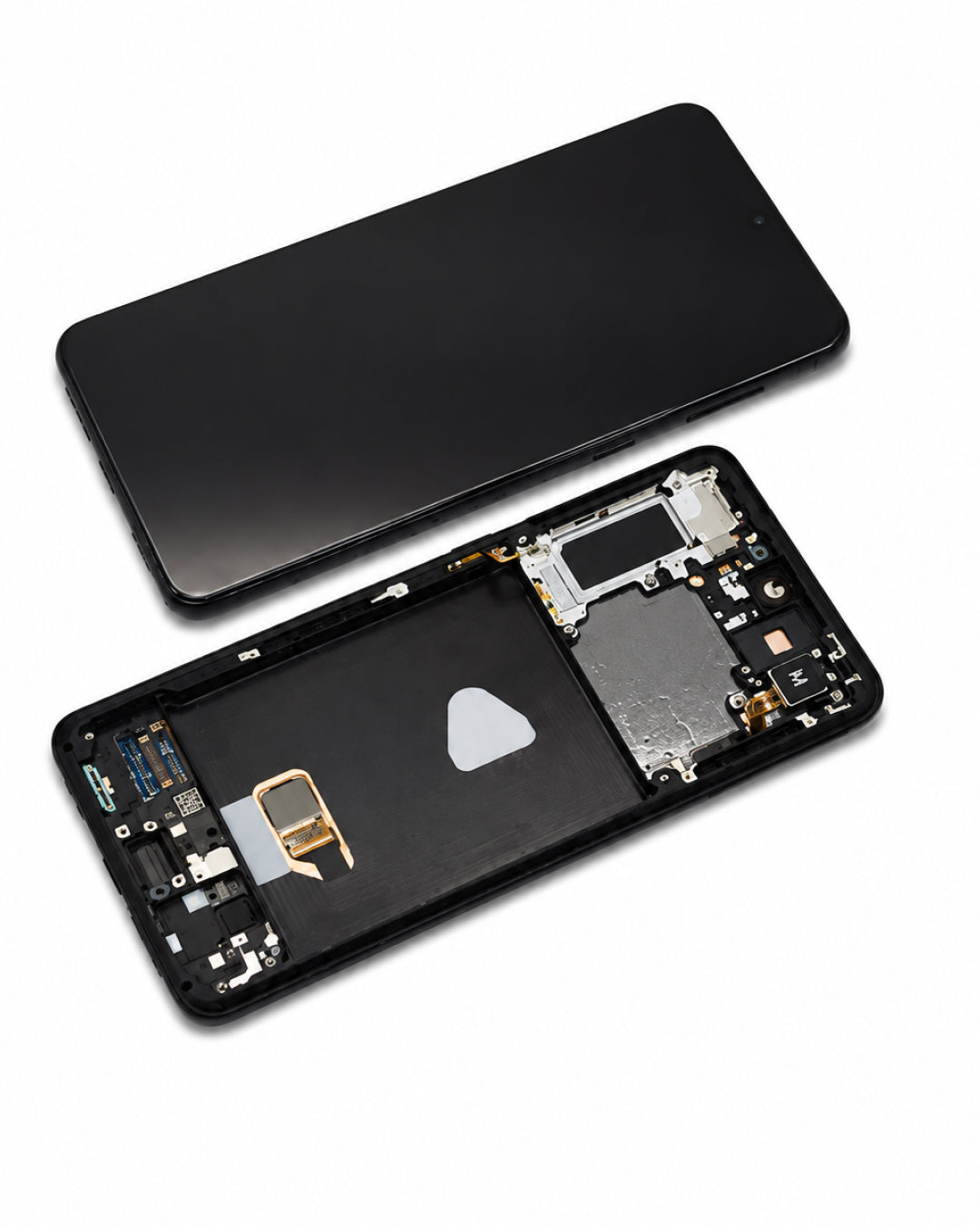 A replacement smartphone screen assembly shown disassembled, with the black glass front panel resting above the exposed internal frame and circuitry below, photographed on a clean white background.