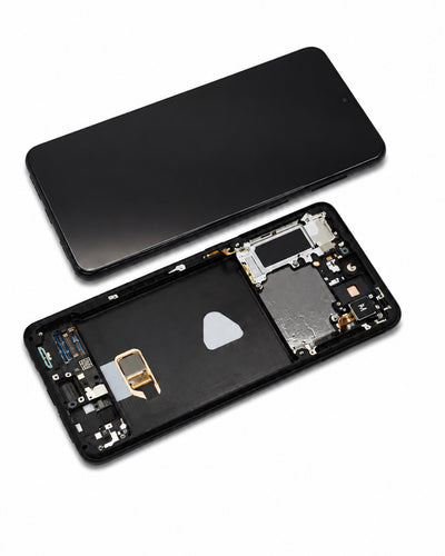 A replacement smartphone screen assembly shown disassembled, with the black glass front panel resting above the exposed internal frame and circuitry below, photographed on a clean white background.