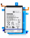 A Samsung Li-ion replacement battery with a white label, orange flex cables, and blue mounting brackets, shown against a white background.