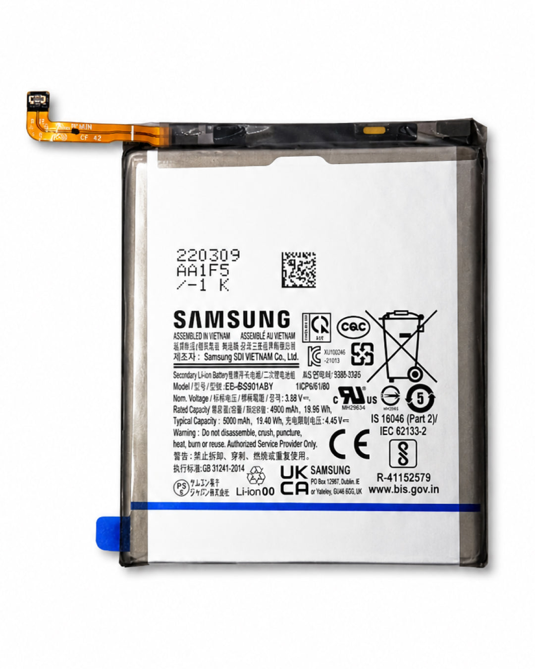 Samsung smartphone replacement Li-ion battery with adhesive pull tabs and flex connectors, isolated on a clean white background.