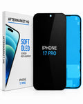 Aftermarket HQ iPhone 17 Pro screen replacement kit, showing the retail box, a black replacement screen, and a blue phone frame on a white background.