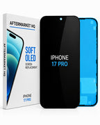 Aftermarket HQ iPhone 17 Pro screen replacement kit, showing the retail box, a black replacement screen, and a blue phone frame on a white background.