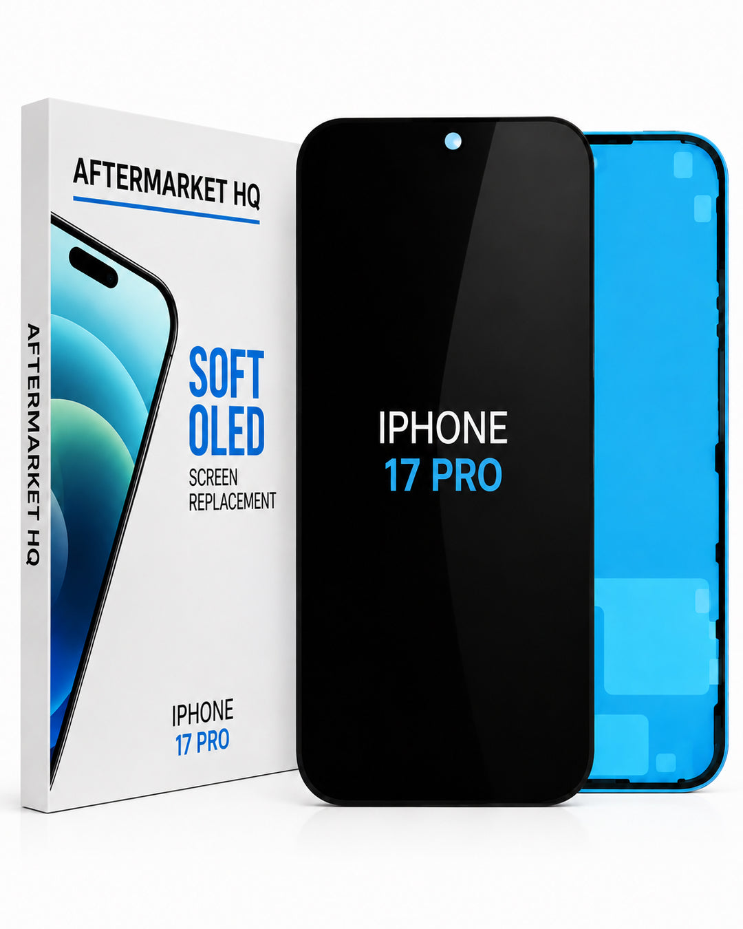 Aftermarket HQ iPhone 17 Pro screen replacement kit, showing the retail box, a black replacement screen, and a blue phone frame on a white background.