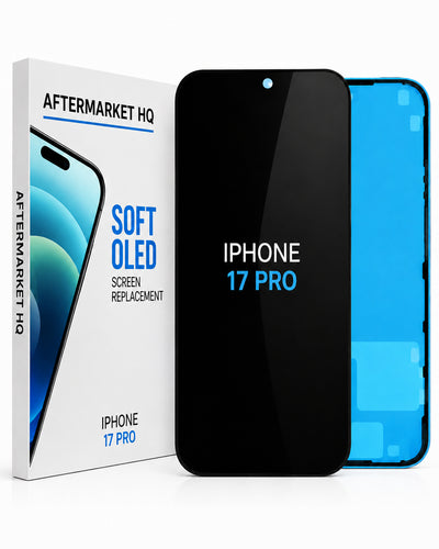 Aftermarket HQ iPhone 17 Pro screen replacement kit, showing the retail box, a black replacement screen, and a blue phone frame on a white background.