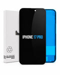 A replacement screen assembly for an iPhone 17 Pro, shown with its white retail box. The front of the screen assembly is black with white and blue text reading 'IPHONE 17 PRO', and the blue back panel is visible behind it.