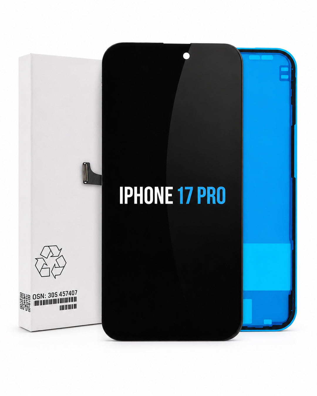 A replacement screen assembly for an iPhone 17 Pro, shown with its white retail box. The front of the screen assembly is black with white and blue text reading 'IPHONE 17 PRO', and the blue back panel is visible behind it.