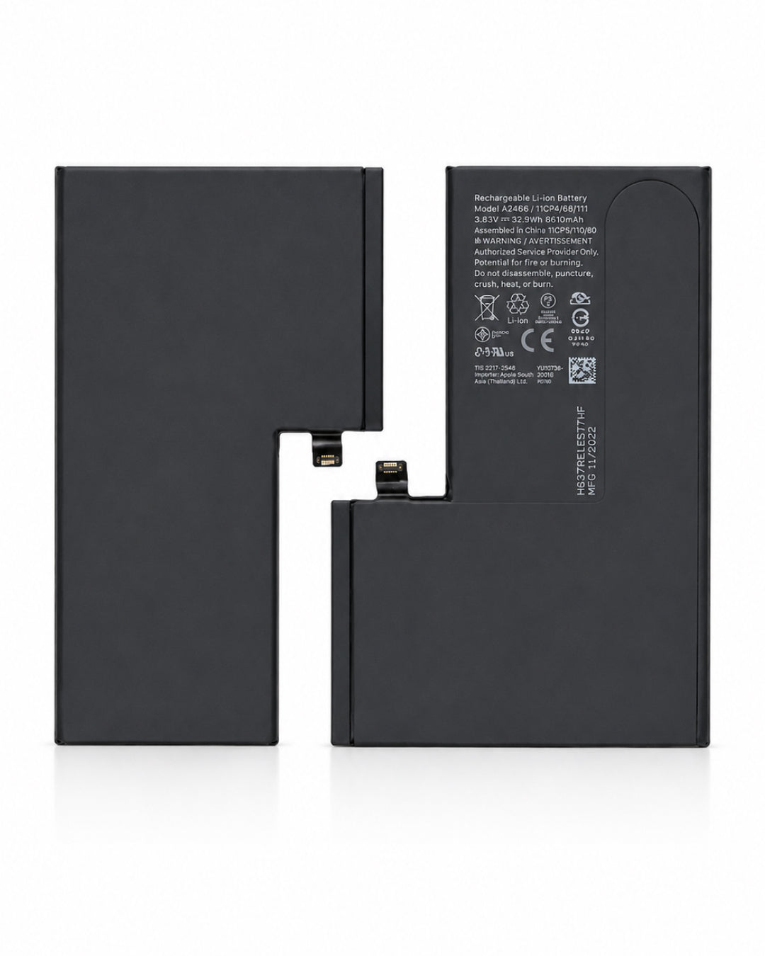 A black rechargeable lithium-ion replacement battery shown from both the front and back sides on a clean white background.