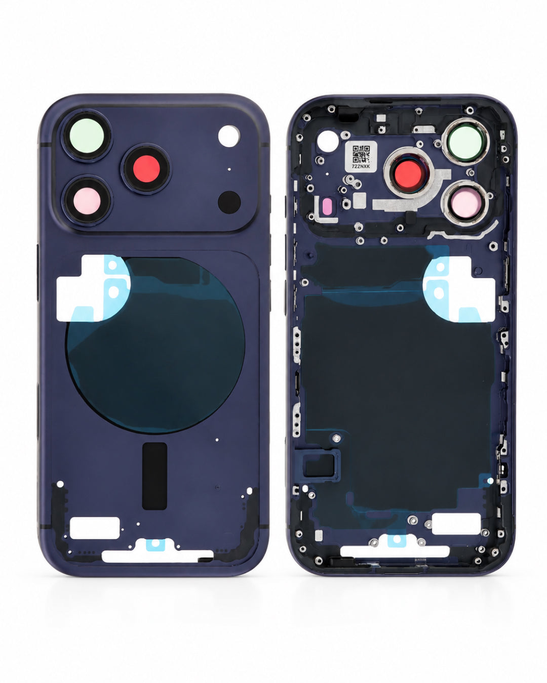 A replacement smartphone back frame shown in two views: the outer back plate on the left and the inner front frame assembly on the right, both in a dark navy blue color with camera cutouts and adhesive residue visible.