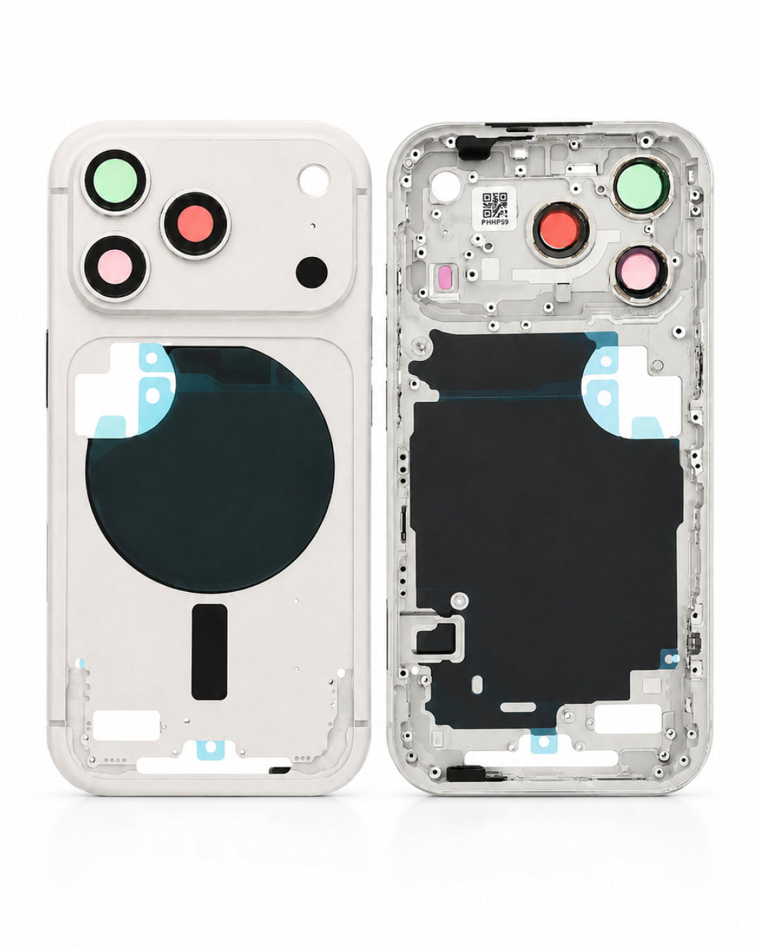 A replacement phone display frame assembly shown from both the front and back. The left side shows the white outer frame with camera cutouts and protective film, while the right side shows the inner metallic frame with the black screen panel and internal components.