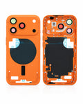 An orange replacement phone case frame shown from both the front and back views, featuring a large circular MagSafe-compatible ring area and camera cutouts, on a white background.